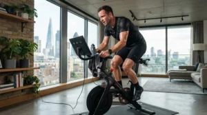 A man sweating intensely while doing a high-intensity cardio session on an exercise bike with touchscreen