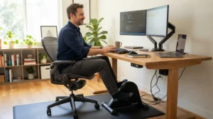A man incorporating desk-based cardio into his routine with a seated desk bike.