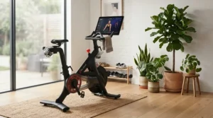 An exercise bike with touchscreen blending into the contemporary decor of a stylish suburban home