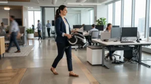 An employee wheeling a movable portable desk bike across a contemporary corporate open-plan office.