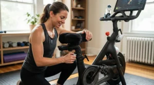 Rider preparing for a cardio workout using a padded bike seat for peloton comfort