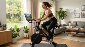 A smiling cyclist enjoying plus-size cycling comfort on a stationary exercise bike using an oversized bike seat cushion.
