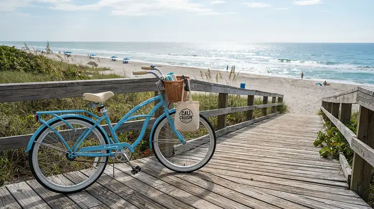A colorful beach cruiser bicycle parked near the boardwalk equipped with a plush oversized bike seat cushion.