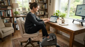 A fitness enthusiast engaging in progressive resistance training using a desk bike while reviewing spreadsheets.
