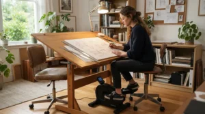 A designer brainstorming concepts while riding a quiet desk bike in a bright creative studio.