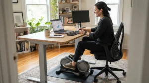 A person sitting in an ergonomic task chair and using a quiet desk bike.