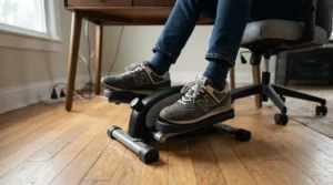 A close-up of feet smoothly operating a quiet desk bike under a minimalist workstation.