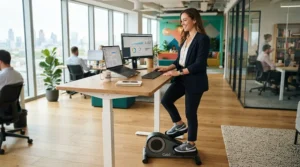 An employee using a quiet desk bike during a video conference call in a modern corporate office.
