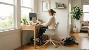 A minimalist apartment setup featuring a sleek desk paired with a quiet desk bike.