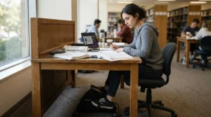 A student reading a textbook while using a quiet desk bike in a university library study room.