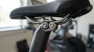 Detailed shot of mounting hardware for a replacement bike seat for peloton