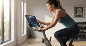 Fitness enthusiast checking Echelon subscription costs on a tablet mounted to a stationary bike.
