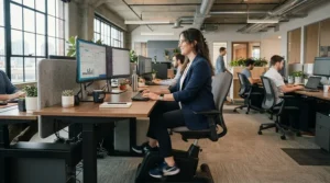 Office fitness equipment like a seated desk bike integrated into a contemporary open-plan workplace.