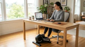 A remote worker using a seated desk bike in a bright, modern home office setup.