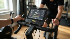 Close-up of a smart indoor cycling bike console showing workout metrics during an online training session