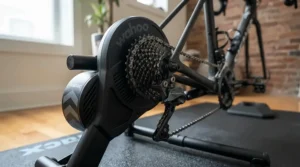 Close-up of a zwift compatible bike drivetrain connected to a direct-drive trainer
