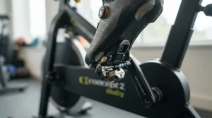 Detailed view of cycling shoe locking into spd pedals for spin bike