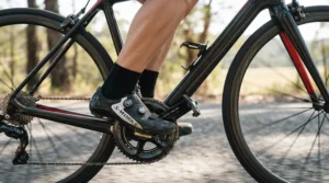Demonstrating secure foot retention with spd pedals for spin bike during a pedal stroke