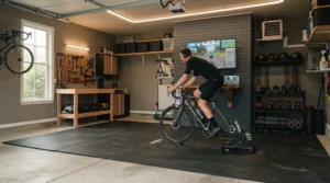 Dedicated training space featuring spd pedals for spin bike installed on an upright trainer