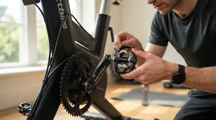 A cyclist installing spd pedals for spin bike in a bright home gym setup