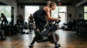 Athlete standing out of the saddle utilizing spd pedals for spin bike for power transfer