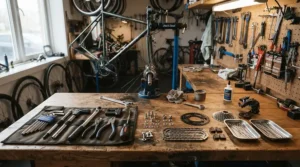 Wrench and replacement hardware next to spd pedals for spin bike on a workbench