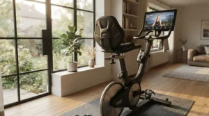 A spine-friendly ergonomic exercise bike seat installed on an upright stationary bike for comfortable daily cardio