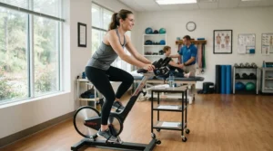 A therapeutic ergonomic exercise bike seat being used during a rehabilitation session in a physical therapy clinic
