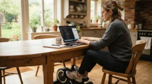 A remote professional working on a laptop while pedaling on a transportable desk bike.