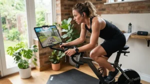Man using an interactive exercise bike to race against friends on a virtual cycling app