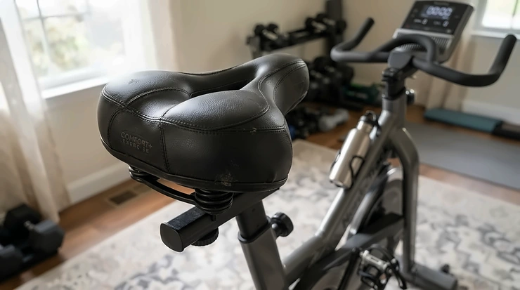 A comfortable wide ergonomic exercise bike seat replacement mounted on an exercise bicycle
