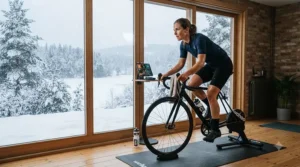 A rider training through winter on a zwift compatible bike next to a frosted window