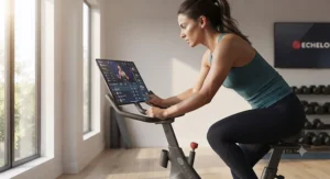 Woman riding an Echelon smart exercise bike while streaming live cycling classes at home.