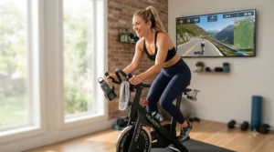 A smiling woman following a virtual workout class on an exercise bike with touchscreen in her apartment.