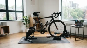 A zwift compatible bike set up on a smart trainer in a modern living room
