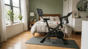 A compact exercise bike resting on a bike mat for carpet in an apartment bedroom to reduce noise.