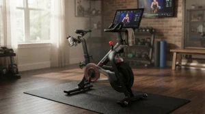 A stationary bicycle placed securely on a bike mat for carpet in a dedicated basement fitness room.