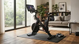 An indoor training setup using a bike mat for carpet to protect the living room floor from sweat and vibration.