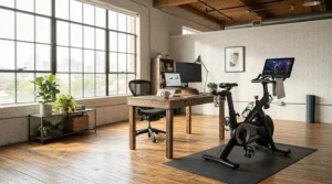 A sleek indoor cycle positioned on a dark bike mat for carpet in a bright urban loft home office.