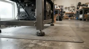 Demonstration showing how a bike mat for carpet prevents heavy equipment from crushing plush rug fibers.