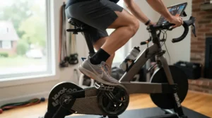 A rider using athletic sneakers on the flat platform side of dual sided bike pedals on an exercise bike
