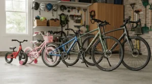 Family preparing bicycles with dual sided bike pedals in a residential garage for a weekend ride