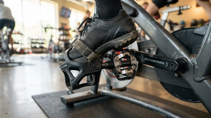 Close-up of dual sided bike pedals on a studio stationary bike during an indoor cycling class