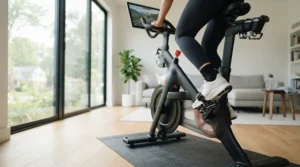 Stationary bike equipped with dual sided bike pedals set up in a modern living room for home workouts