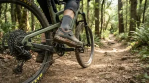 Mountain biker navigating a dirt trail using clipless shoes clicked into dual sided bike pedals