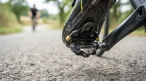 Detailed view of cycling shoes engaging with the SPD mechanism on dual sided bike pedals