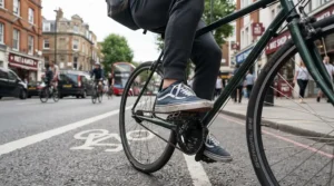Cyclist in casual shoes riding through city streets using the flat cage side of dual sided bike pedals