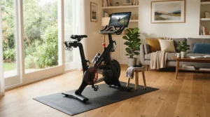 An exercise bike mat placed underneath an indoor cycle on a hardwood living room floor, showing scratch prevention.