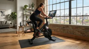A durable heavy duty bike mat protecting hardwood flooring beneath a commercial spin bike.