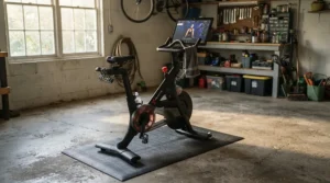 A thick heavy duty bike mat installed in a garage home gym setup to absorb vibrations.